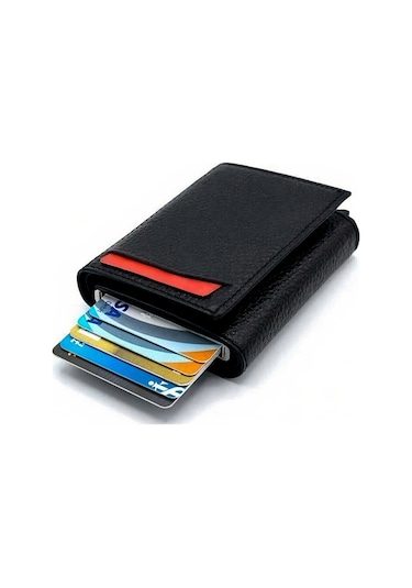 Otamatik Pop-up Mekanizmalı Rfıd Deri Kartlık Cüzdan Portföy Siyah Siyah Floter