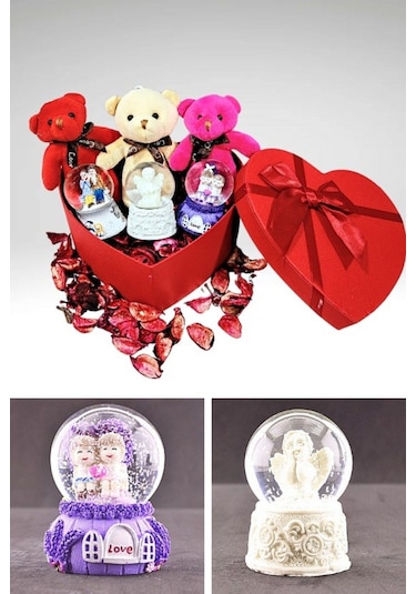 Aşkımsın Özel Kutuda Sevgiliye 3 Mini Ayıcık Ve 3 Mini Kar Küresi