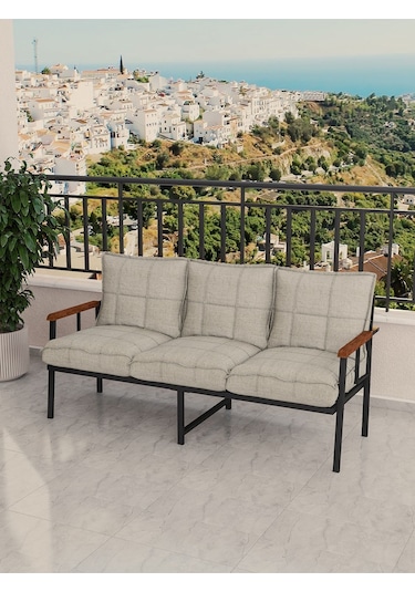Modern Balkon, Bahçe, Cafe, Metal Koltuk, Kanepe Üçlü - Krem Krem