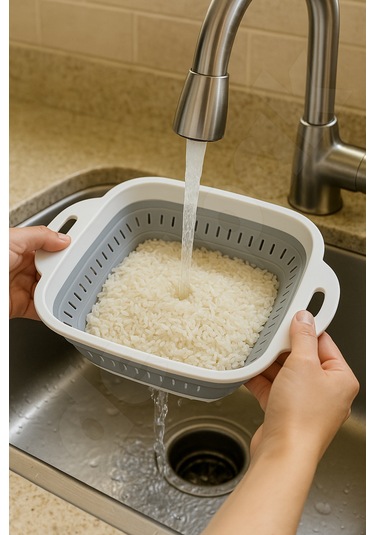 Yer Kaplamaz Katlanır Kare Süzgeç - Katlanabilir Kare Yıkama Süzgeci - Akordiyon Pirinç Süzgeci Beyaz - Gri