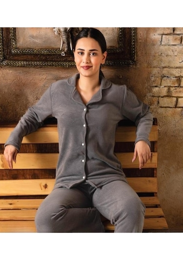 Sude Kadın Gömlek Yaka Polar Pijama Takımı M922 - 1 Adet 001