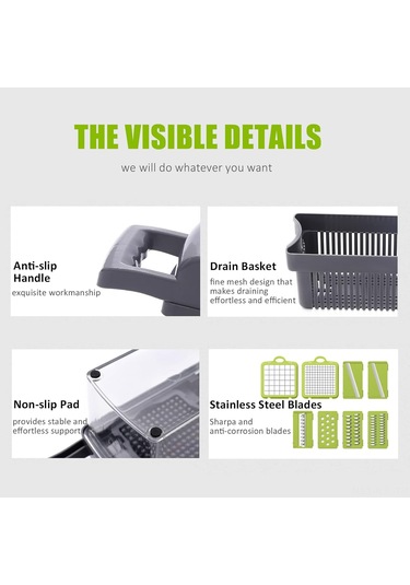 Gajeena 11 Fonksiyonlu Mutfak Kesici: Sebze Ve Meyve Dilimleyici, Julienne Ve Küpleyici, Taze Salata Hazırlama Aleti Yeşil