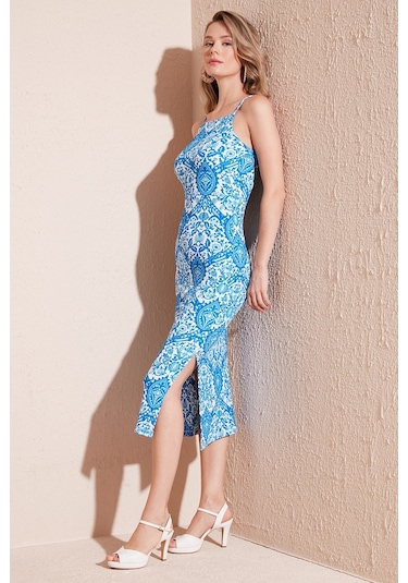 Lela Ip Askılı Fitted-Vücuda Oturan Yırtmaçlı Midi Bayan Elbise 5865573 Mavi