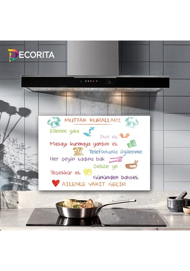 Decorita Renkli Mutfak Kuralları  Cam Ocak Arkası Beyaz  40x60cm