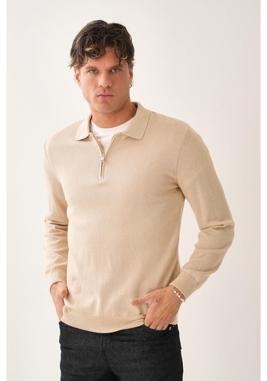 Fermuarlı Polo Yaka Kazak Taş