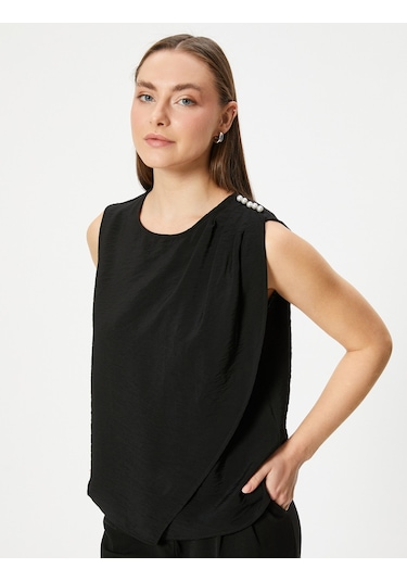 Koton Kolsuz Bluz İnci Detaylı Yuvarlak Yaka Viskon Kumaş Siyah 4sak60387uw Siyah