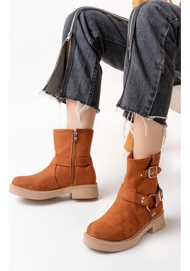 02-2013 Taba Süet Toka Aksesuarlı Fermuarlı Günlük Kadın Bot-taba.süet Taba