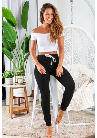 Kadın Kısa Kollu Madonna Yaka Viskon Crop Bluz Cepli Iki Iplik Eşofman Takım Siyah