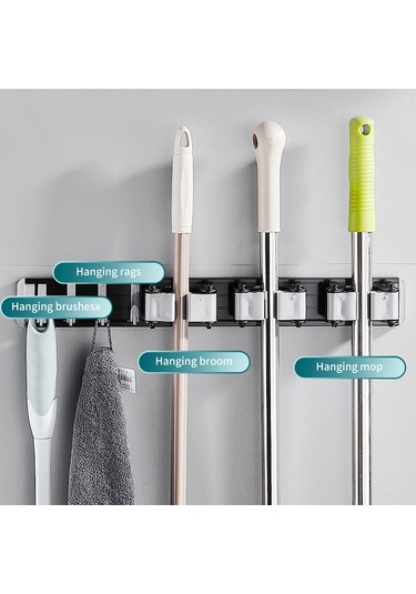 Youmex 40cm Siyah 4 Kanca Mop Tutucu, Delikli/deliksiz İki Kullanıma Uygun, Uzay Alüminyum, 12kg Yük Taşıma, Banyo/mutfak Organizatörü Siyah