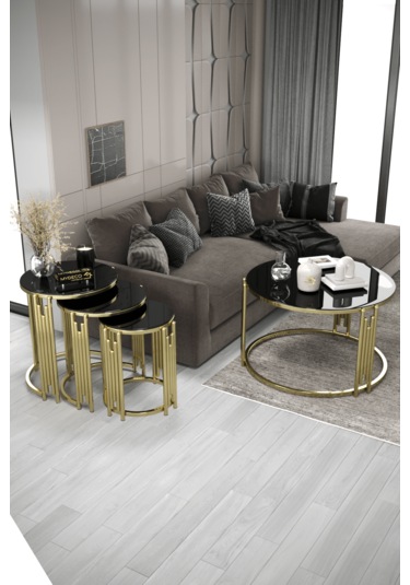 Piyano Set Orta Sehpa Takımı Gold Siyah