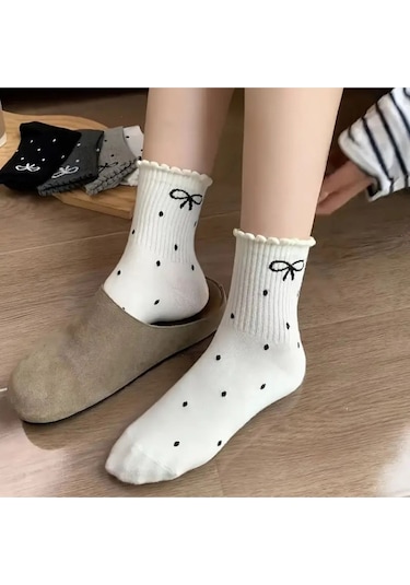 Trampler 4 Çift Kadın Kurdela Puantiye Desenli Çorap Kadın Kolej Çorap Çok Renkli