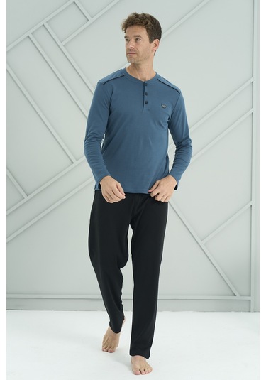 Erkek Interlok Penye Uzun Kol Pijama Takımı 2201 Petrol02 Petrol02