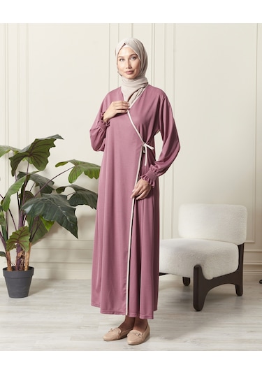 Kol Detaylı Kruvaze Yaka Biyeli Yandan Bağlamalı Namaz Elbisesi Gül Kurusu