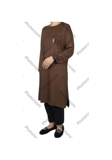 Kadın Kristal İki İplik Penye Büyük Beden Mevsimlik Tunik Kahverengi