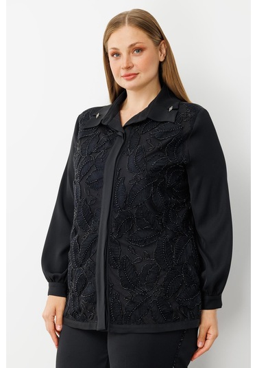 Moda İlgi Kadın Büyük Beden Yaprak Desenli Boncuk Detaylı Takma Kol Gömlek 0052 Siyah Siyah