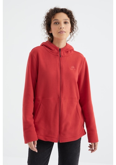 Tommy Life Fiesta Kapüşonlu Fermuarlı Rahat Form Kadın Polar Sweatshirt - 97233 Kırmızı