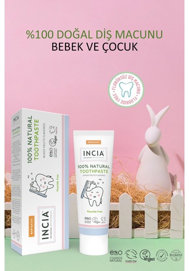 INCIA %100 Doğal Diş Macunu Bebek ve Çocuk Karışık Meyve Aromalı Florürsüz 50 Ml