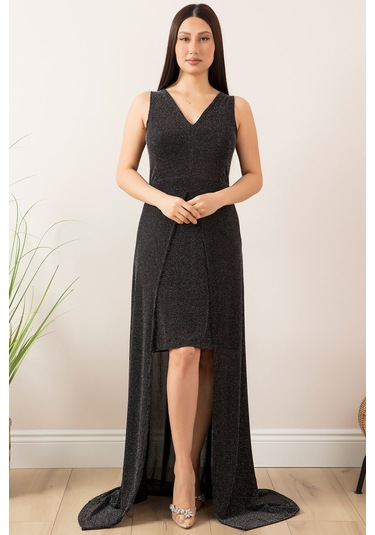 Kalopya Sırt Dekolteli Simli Kısa Abiye Elbise 13251- Çok Renkli