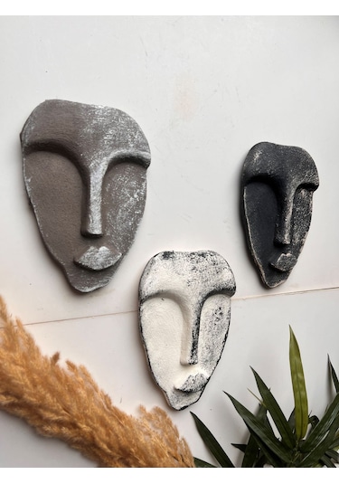 El Yapımı Taş Heykel Soyut Yüz Maske 3'li Set, Modern Beton, Eskitme Taş Görünümlü Duvar Dekor