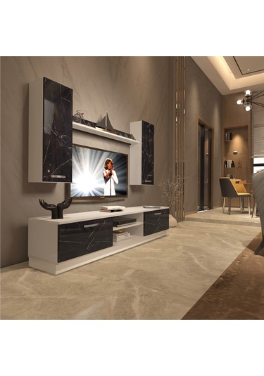 Decoraktiv Eko 5db Mdf Dvd Tv Ünitesi Tv Sehpası Beyaz - Siyah Mermer