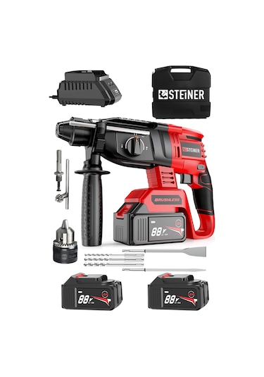 Steiner 88V 5Ah Çift Akülü Darbeli Kırıcı Delici Matkap Kırmızı + Mandren + 5 Parça Uç