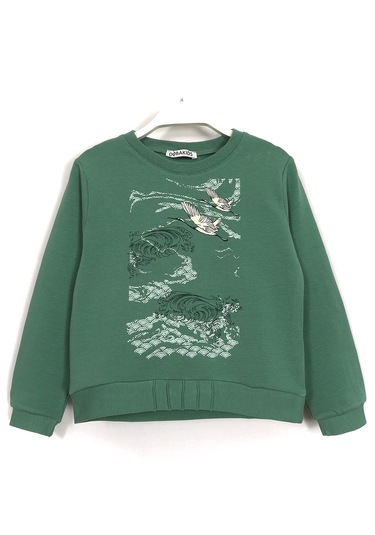 Leylek Baskılı Kız Çocuk Sweatshirt Yeşil 2022 Yeşil