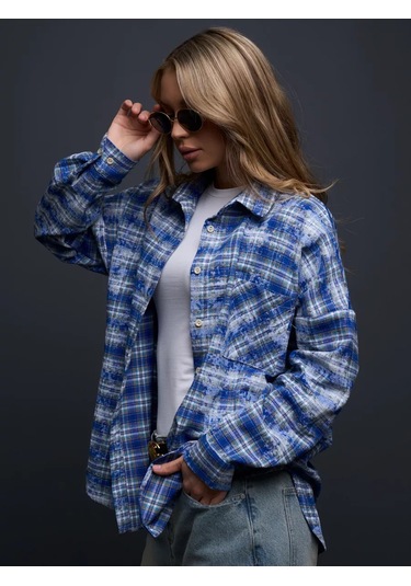 Justfıre Kareli Oversize Gömlek 268682244 Açık Mavi