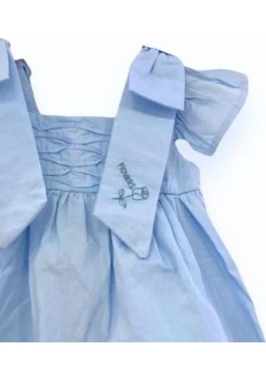 Çikoby Kız Bebek Omuzları Fiyonklu Dokuma Elbise-13766 Mavi