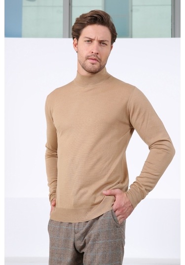 Ferraro Camel Yarım Balıkçı Superfine Yün Erkek Triko Kazak Camel