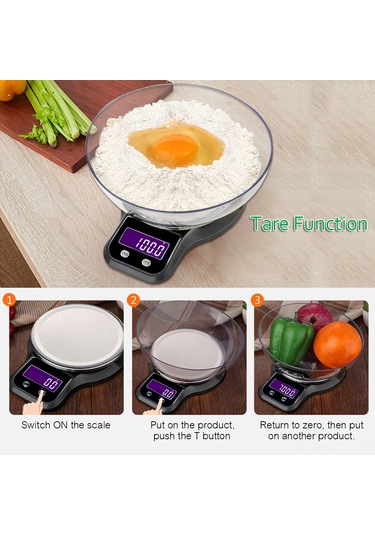 Youtek Küçük Evler İçin 5kg/1g Hassas Dijital Mutfak Terazi, Paslanmaz Çelik Tabla Ve 770ml Kase, Lüx Lcd Ekran, 3 Ölçü Birimi, Kaymaz Altı Pil Dahil Değil Siyah