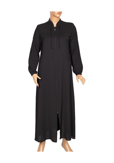 Hesna Kadın Selvi Dokuma Krep Kuş Gözü Aksesuarlı Siyah Ferace 001