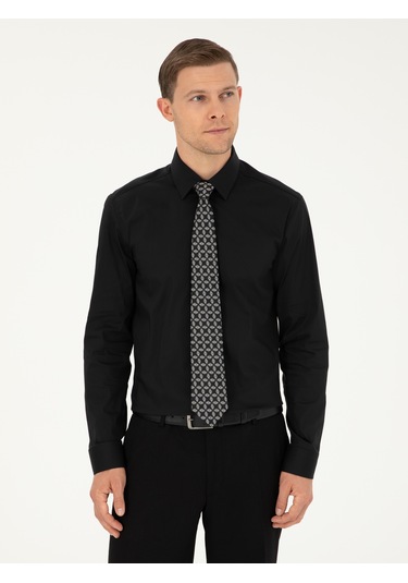 Cacharel Siyah Slim Fit Pamuk Karışımlı Klasik Gömlek