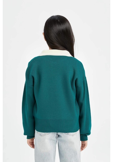 DeFacto Kız Çocuk Polo Yaka Yazı Baskılı Triko Kazak D3190A824WNGN994 Yeşil