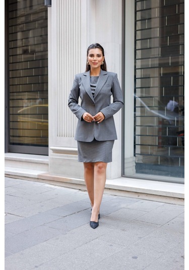 Çizgili Poliviskon Elbise-ceket Takım Gri Gri