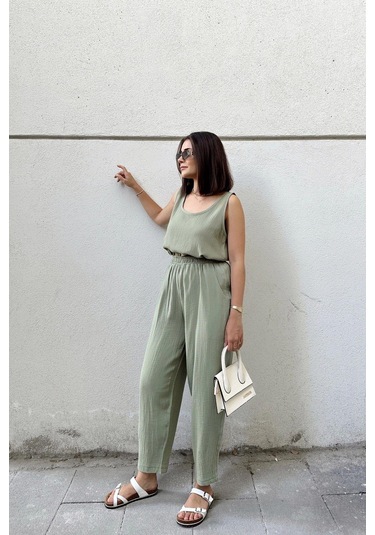 Haki İthal Müslin Kumaş, Basic, Katlı, Salaş Askılı Bluz & Atlet Haki