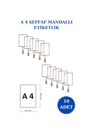 10 Adet Şeffaf A4 Mandallı Raf Sepet Etiketi Çerçeveli Etiketlik Şeffaf