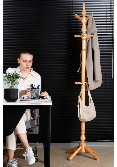 Refilya Masif Ahşap Tornalı Askılık Natürel Cilalı Doğal