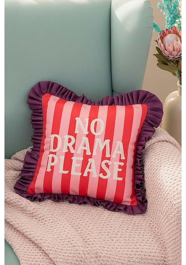 No Drama Please Nakışlı Dekoratif Kırlent Kılıfı Pembe