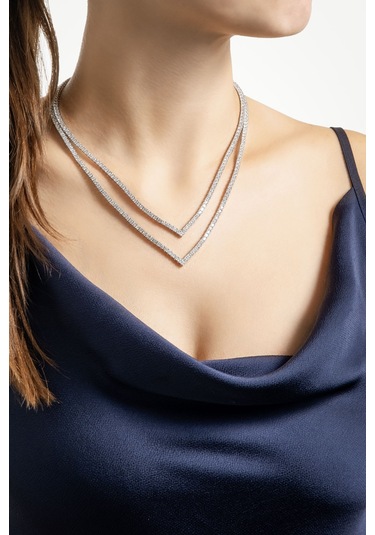 Işıltılı Gece 18 Ayar Beyaz Altın Kaplama Gümüş Tasarım Su Yolu Gerdanlık Beyaz