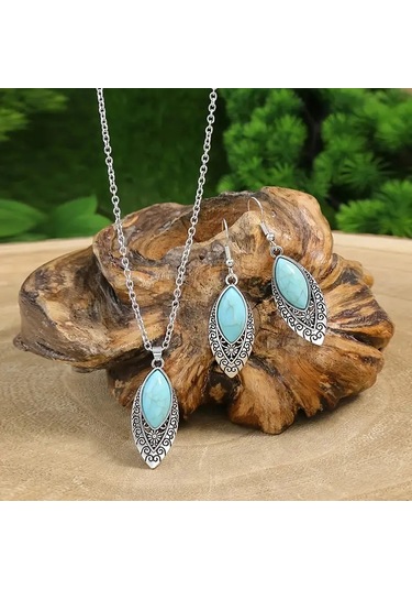 Otantik Mavi Taşlı Gümüş Takı Seti, Ahşap Kutu İçerisinde, Sevgililer Günü Hediyesi Gümüş