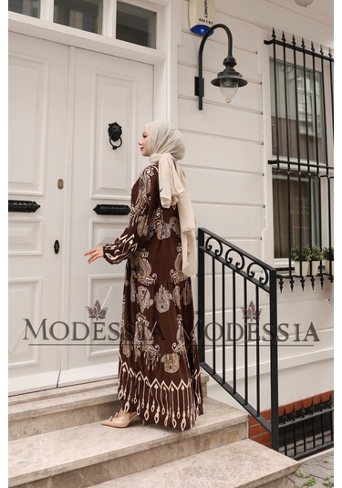 Kadın Kahve %100 Viskon Pamuklu V Yaka Alaçatı Model Kat Kat Elbise V6532 Kahve