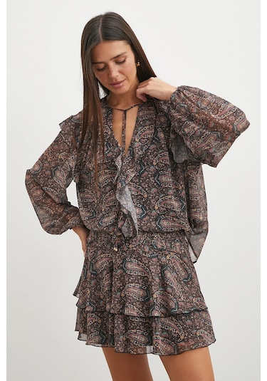 Uterpe Paisley Desenli Fırfırlı Gömlek Siyah