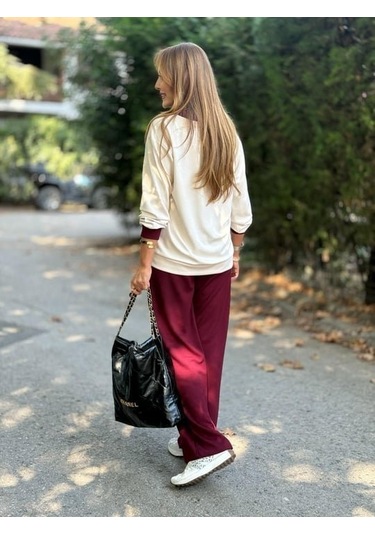 Kadın Uzun Kollu Ribanali Cep Detay Hırka Ve Bol Paça Pantolon Ikili Takım Bordo