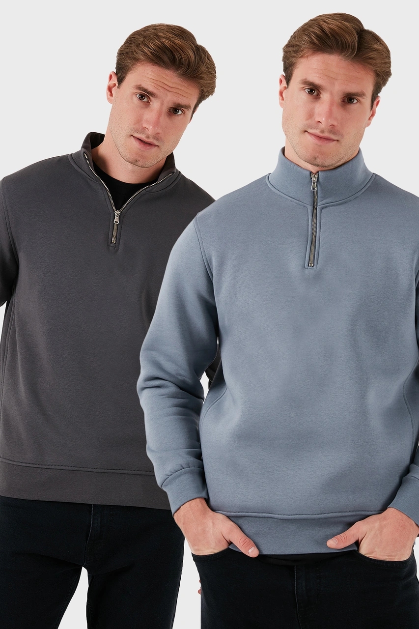 Buratti Pamuklu Regular Fit Dik Yaka 2'Li Paket Erkek Sweat 59052592S2 Antrasit-Koyu Gri