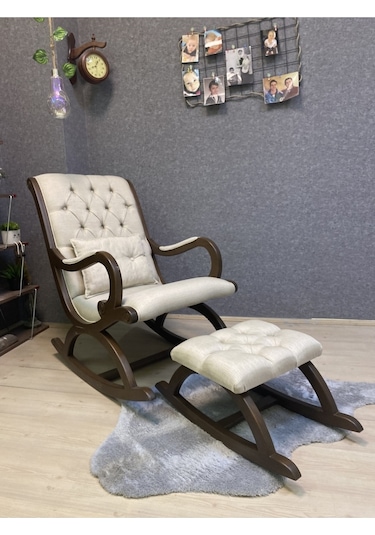 Asedia Rustik Ceviz Krem Sallanan Sandalye Dinlenme Koltuğu