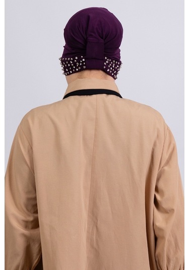 Mürdüm Pratik Hazır Geçmeli Tesettür Bone Sandy Kumaş Taşlı 1456_ Mürdüm