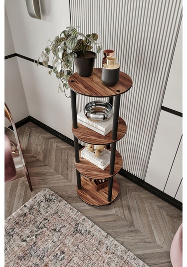 4 Katlı Dekoratif Yuvarlak Kitaplık Ceviz Ceviz