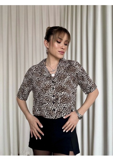 Leopar Desenli Crop Gömlek Kahve