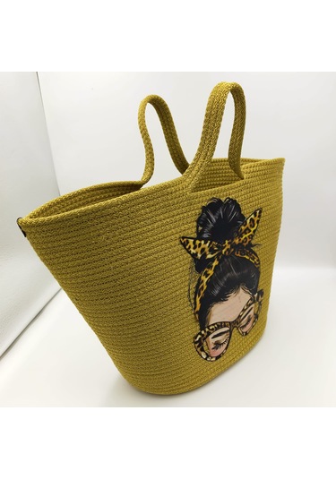 Hasır Çanta, Plaj Çantası, Baskılı Kadın El Ve Omuz Çantası Yeşil