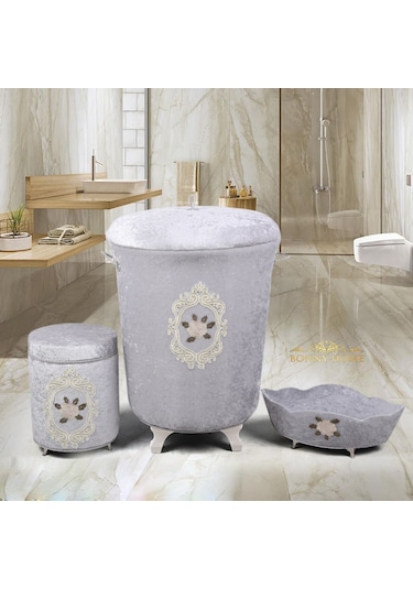 Shems Gri 3Lü Kadife Banyo Kirli Çamaşır Sepeti Seti Gri